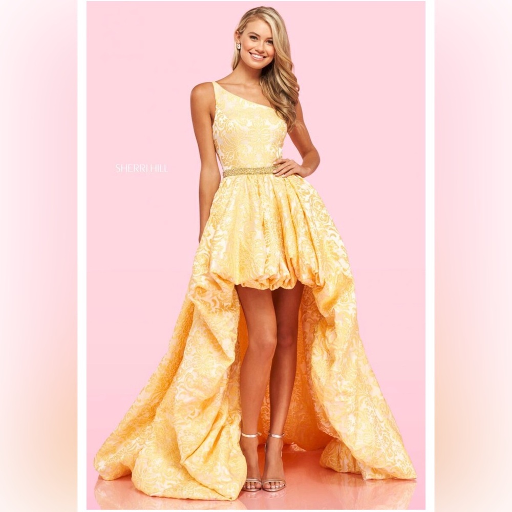 Sherri Hill Yellow Brocade One-Shoulder High-Low Gown